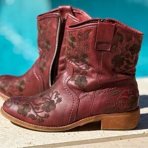 Taos Footwear Privilege 2203 Red and Brown Embroidered Leather Heeled Boots